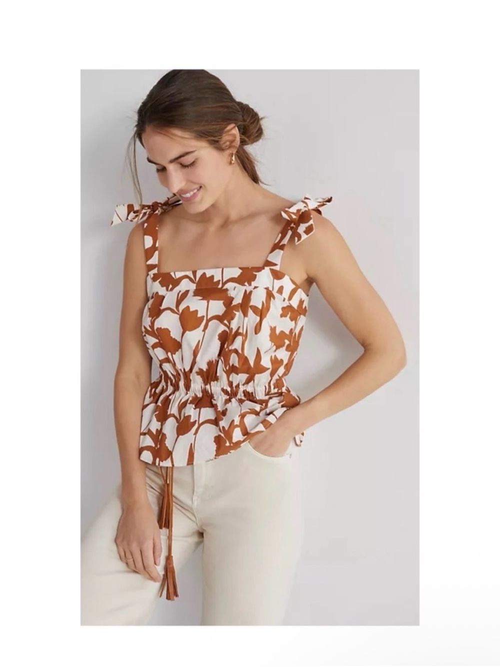 Corey Lynn Calter Anthropologie Floral Tie-Shoulder Smocked Peplum Top